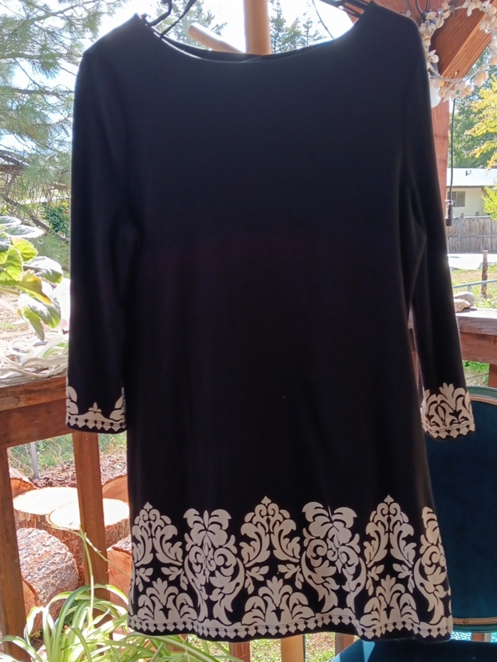 Charter Club Black Midi Dress with Cream Damask Border